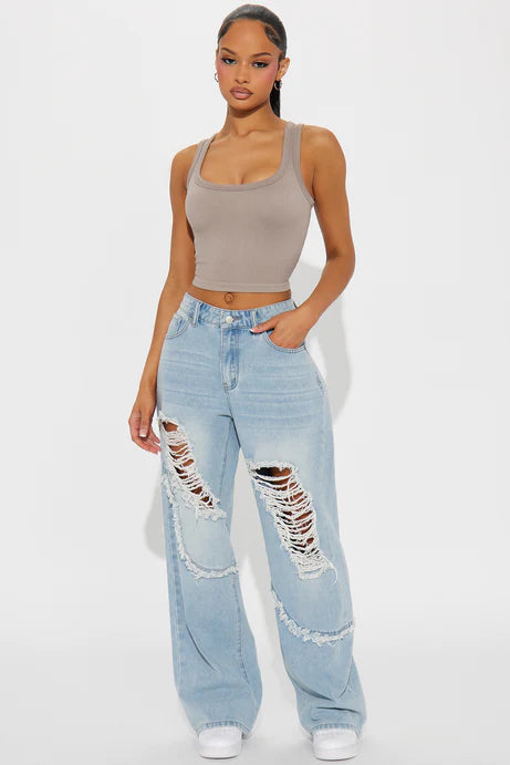 Landon Non Stretch Destructed Fray Wide Leg Jeans - Light Wash