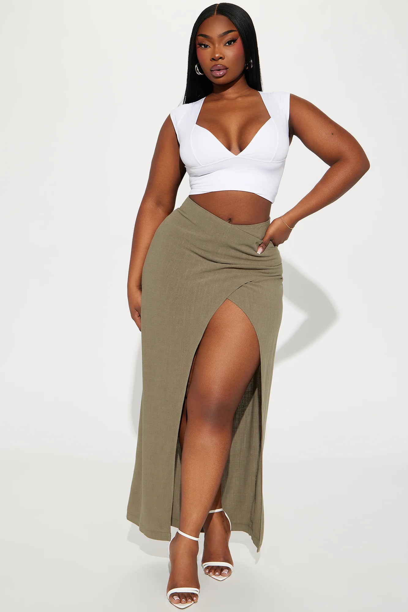 Dezi Linen Slit Maxi Skirt - Olive