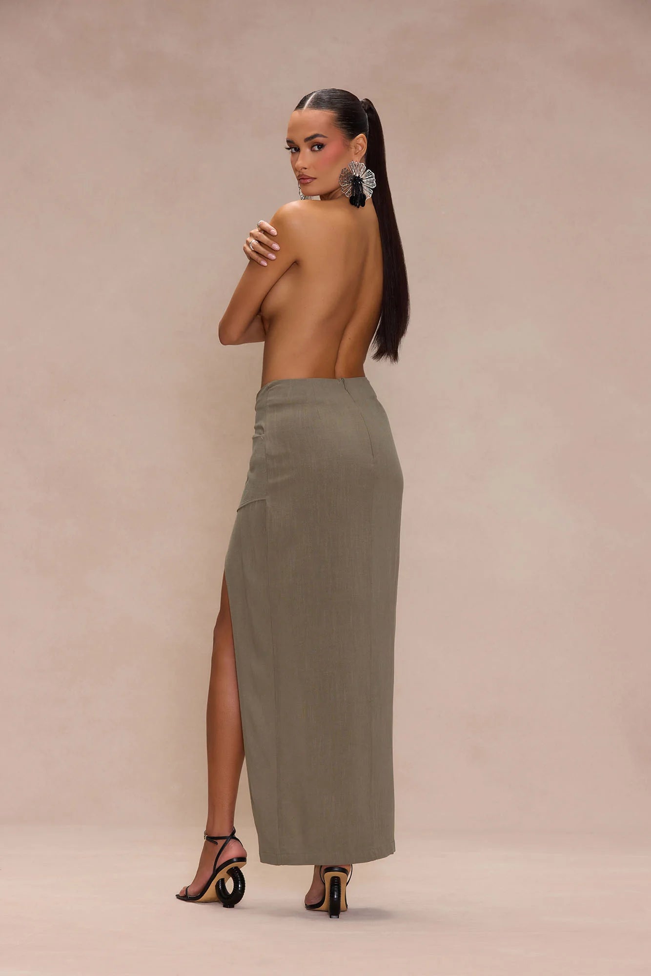 Dezi Linen Slit Maxi Skirt - Olive