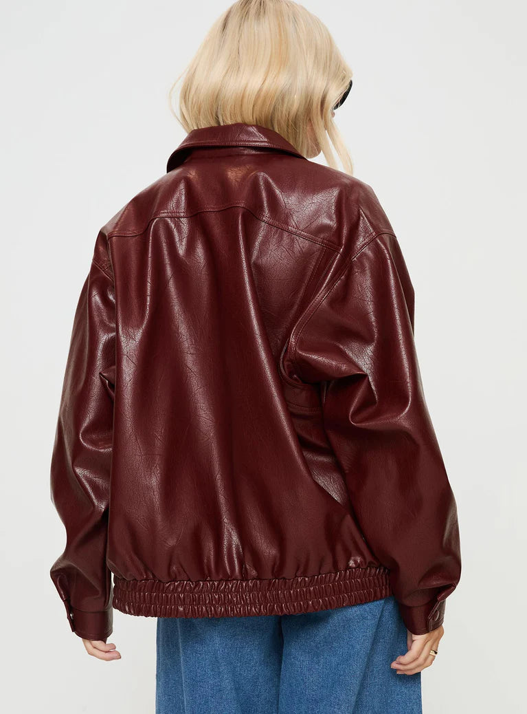 DEVIJA FAUX LEATHER JACKET BURGUNDY