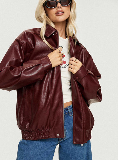 DEVIJA FAUX LEATHER JACKET BURGUNDY