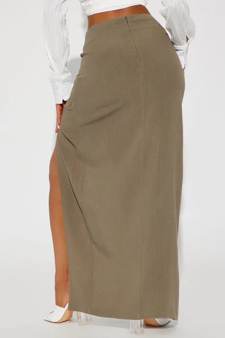 Dezi Linen Slit Maxi Skirt - Olive