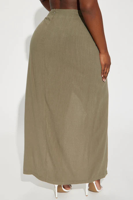 Dezi Linen Slit Maxi Skirt - Olive