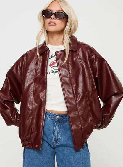 DEVIJA FAUX LEATHER JACKET BURGUNDY