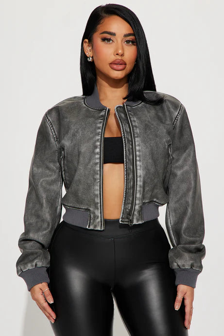 Zoe Washed Faux Leather Bomber Jacket - Grey
